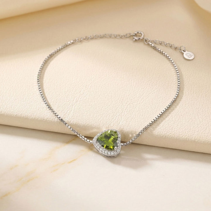 Peridot August Birthstone Love Heart Charm Sterling Silver Bracelet