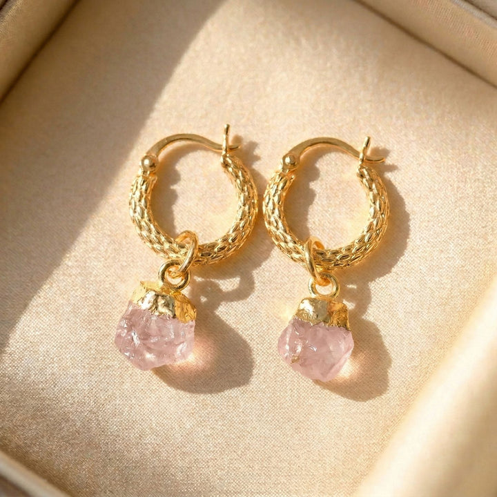 Raw Rose Quartz October Birthstone Huggie Hoops Gold Vermeil Plated Gemstone Earrings