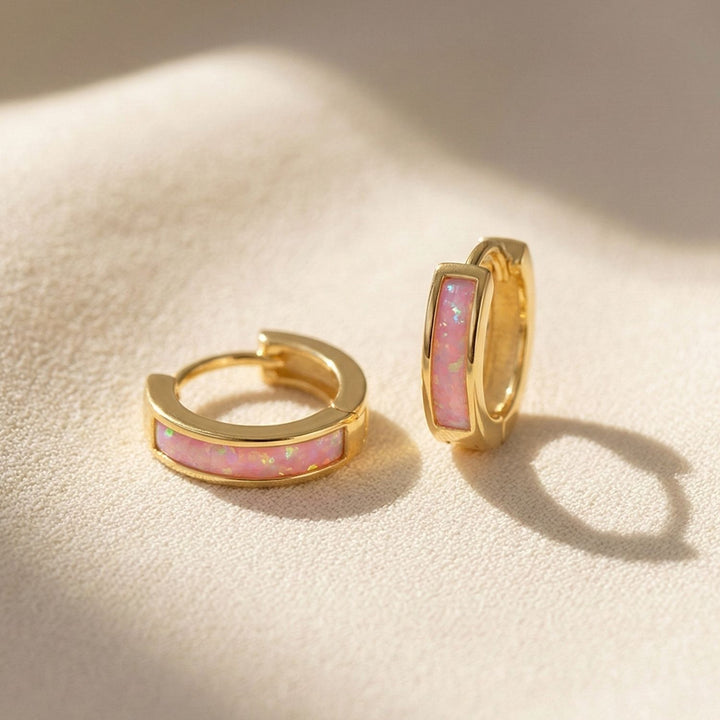 Pink Opal Inlay Huggie Hoop Gold Plated Earrings