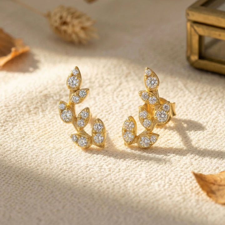 Sparkling Leaf Branch Gold Plated Stud Earrings