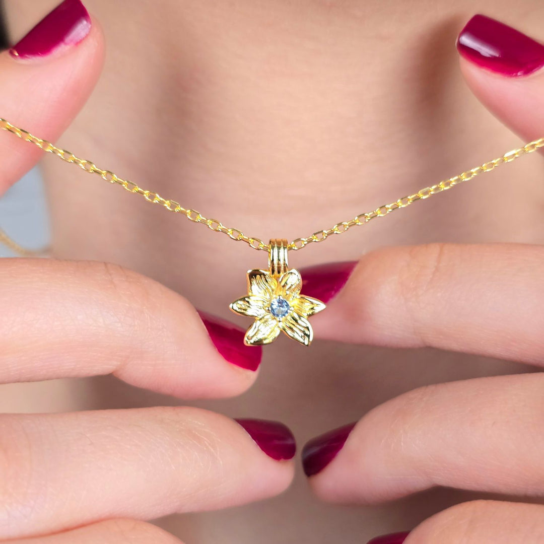 Aquamarine March Birthstone Daffodil Birthflower Gold Plated Charm Necklace