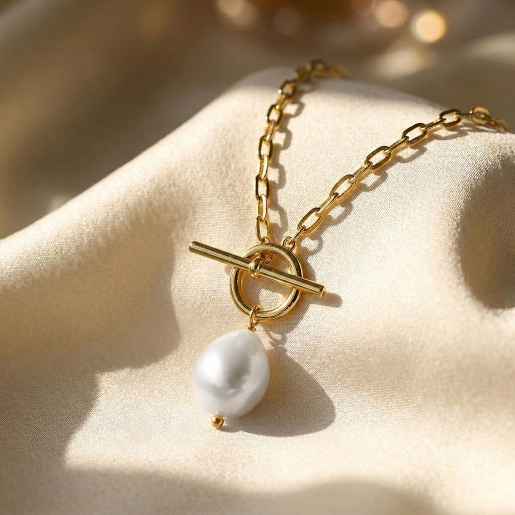 18ct Vermeil Pearl T Bar Necklace June Birthstone