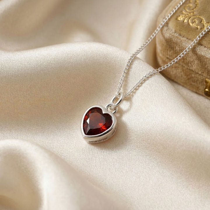 Mini Heart Silver Garnet January Birthstone Necklace