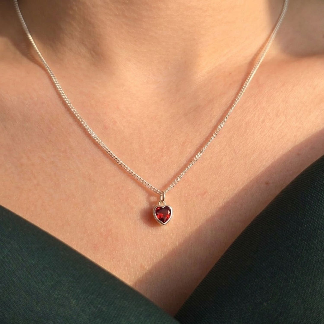 Mini Heart Silver Garnet January Birthstone Necklace