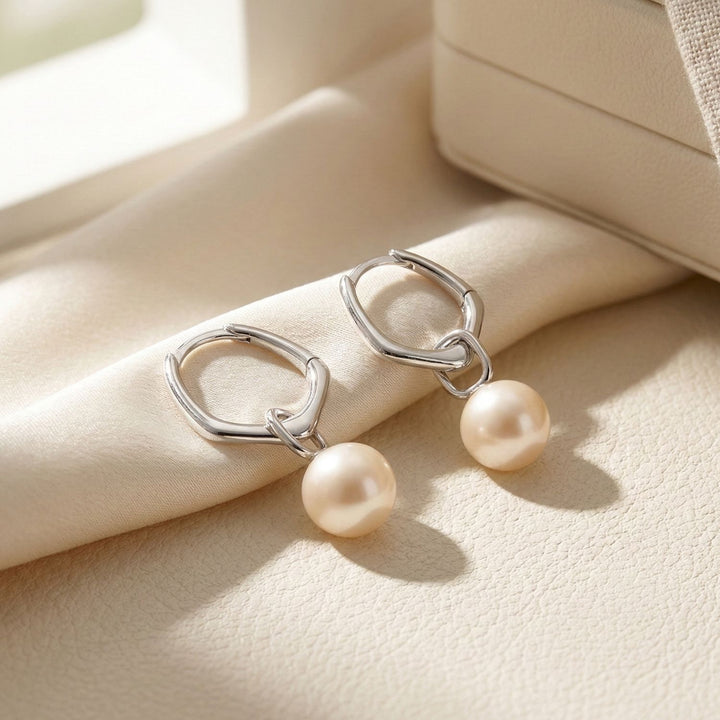 Unique Misshapen Sterling Silver Hoop Earrings with Synthetic Pearl Charm