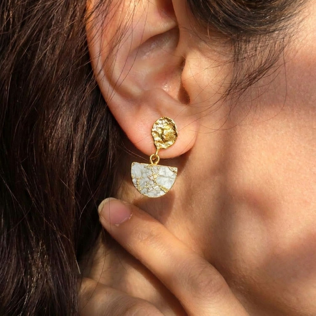 Moonstone June Birthstone Statement Hammered Gold Plated Earrings