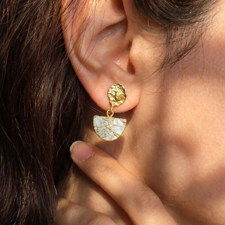 Moonstone June Birthstone Statement Hammered Gold Plated Earrings