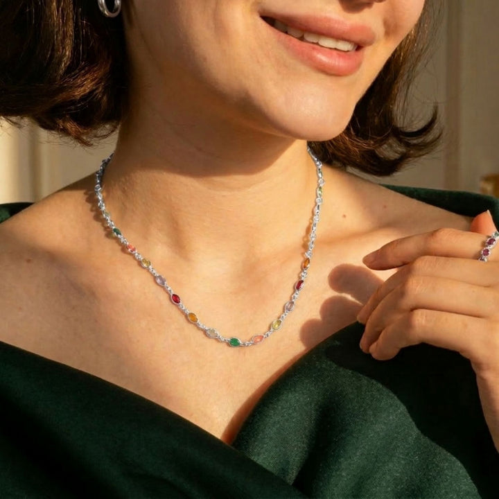 Colourful Multi Gemstone Sterling Silver Chain Necklace