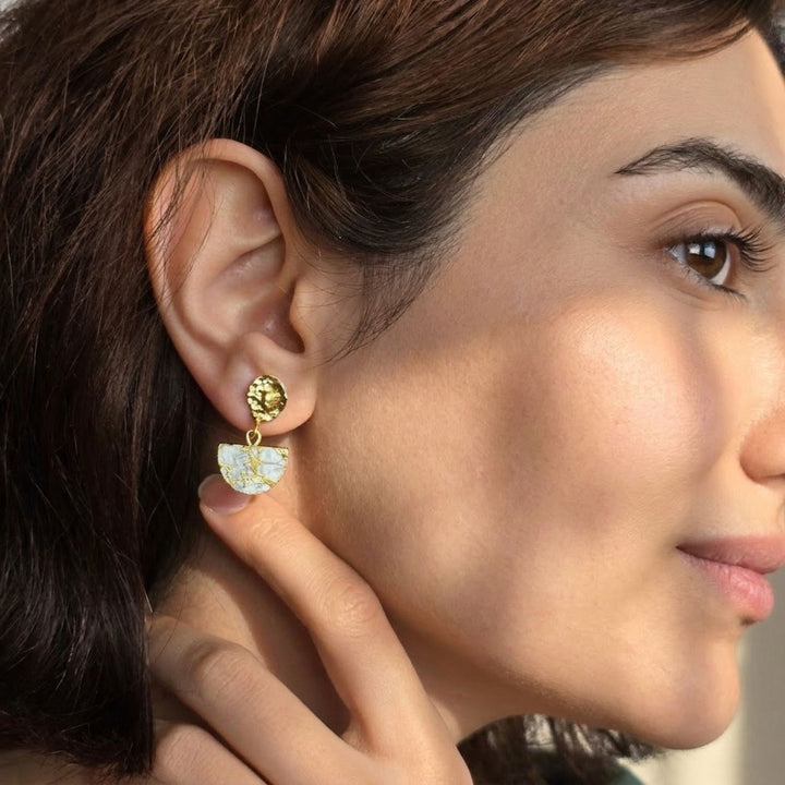 Moonstone June Birthstone Statement Hammered Gold Plated Earrings