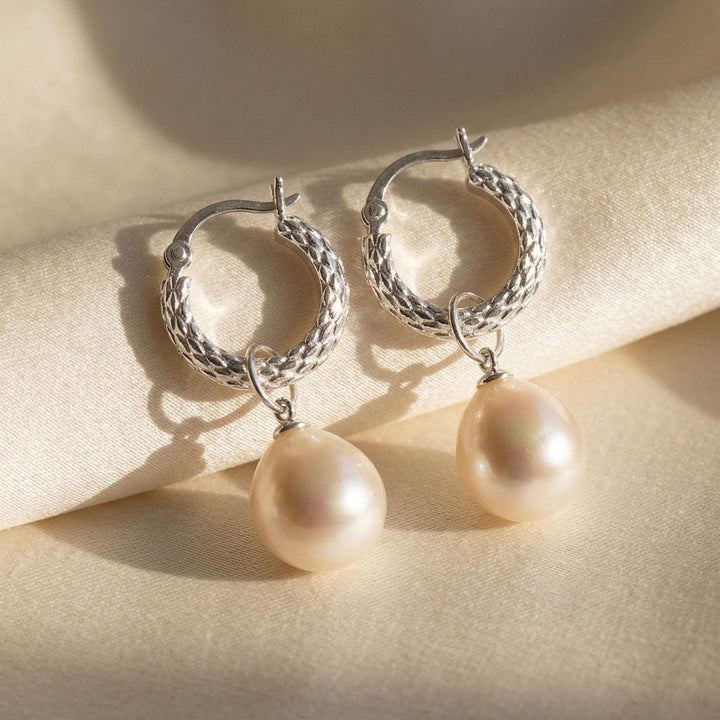 Elegant Sterling Silver Basket Weave Hoop Earrings with Freshwater Pearl Charm