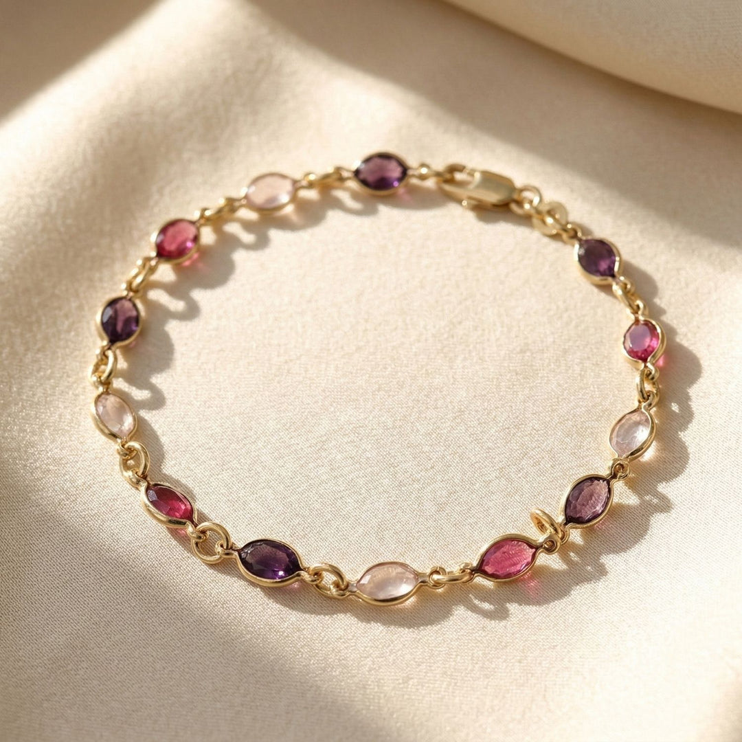 Pink And Purple Multi Gemstone Gold Plated Bracelet