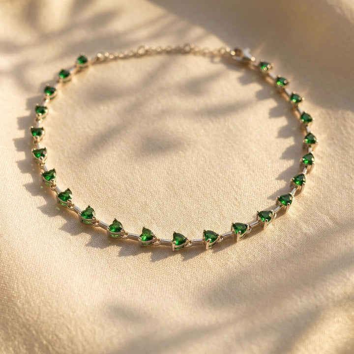 Emerald May Birthstone Heart Tennis Silver Bracelet