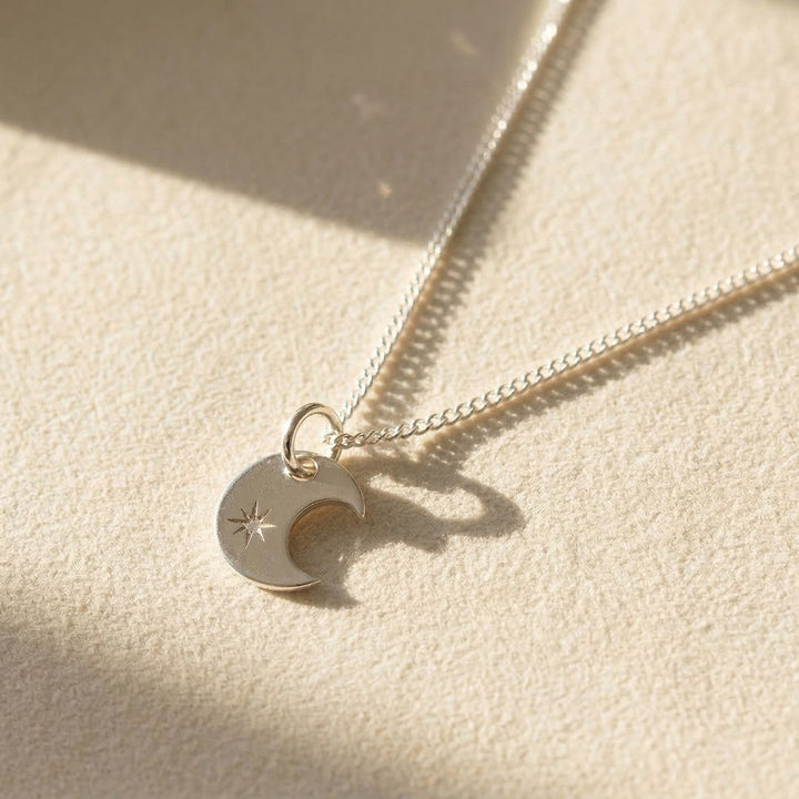 Crescent Moon Charm Wtih Star Sterling Silver Necklace