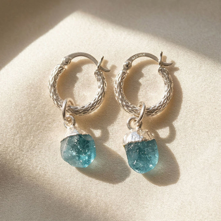 Raw Turquoise December Birthstone Huggie Hoops Sterling Silver Gemstone Earrings