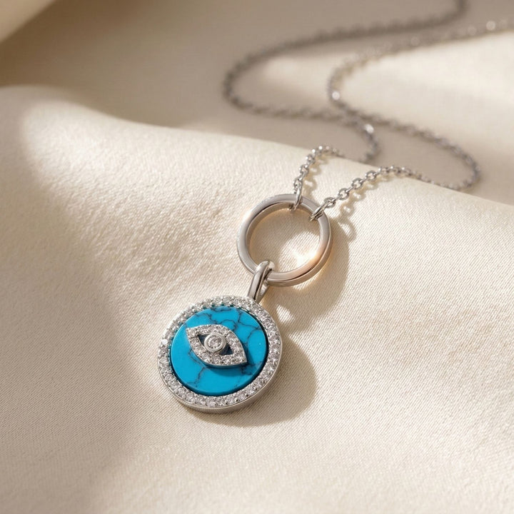 Silver Turquoise Evil Eye Pendant Charm Necklace