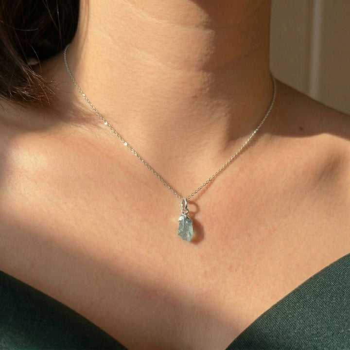Raw Aquamarine Sterling Silver March Birthstone Necklace