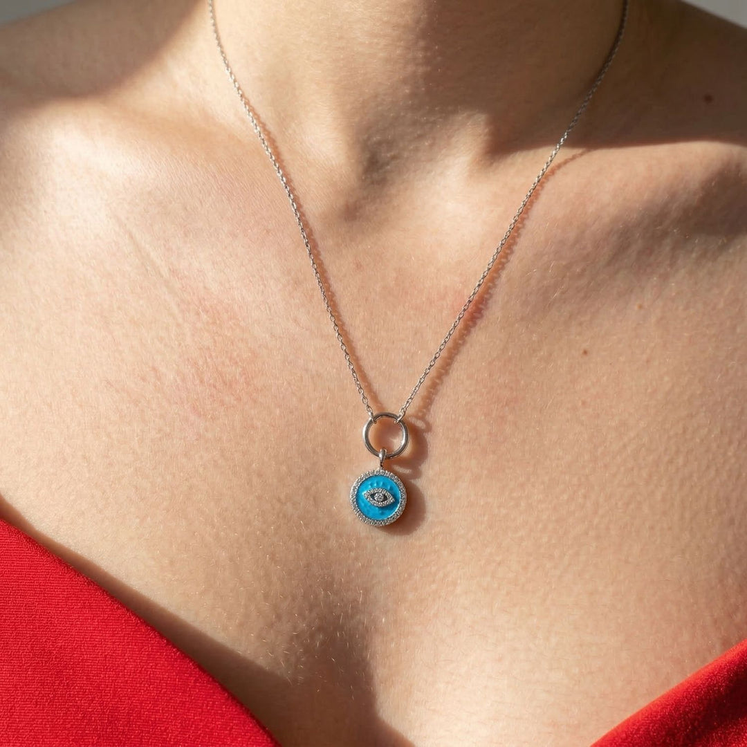 Silver Turquoise Evil Eye Pendant Charm Necklace