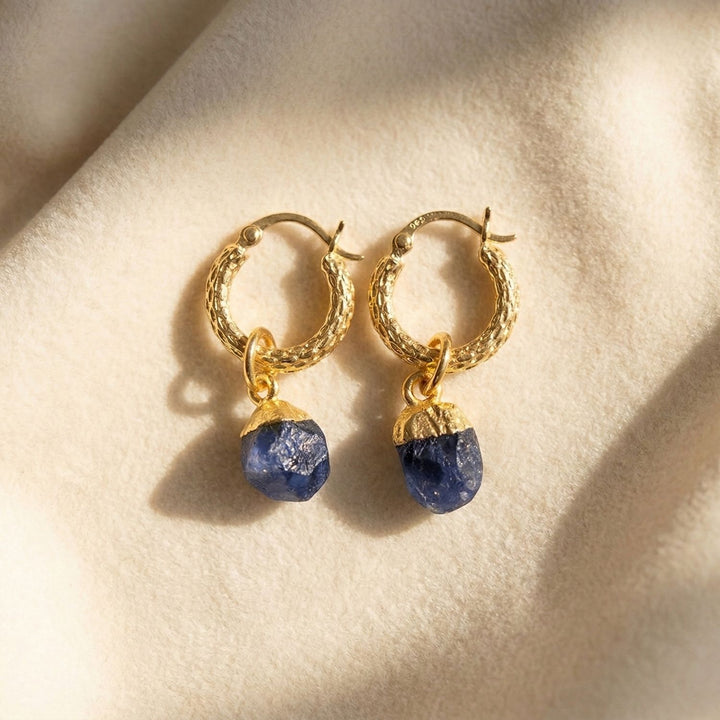 Raw Sapphire September Birthstone Huggie Hoops Gold Vermeil Plated Gemstone Earrings