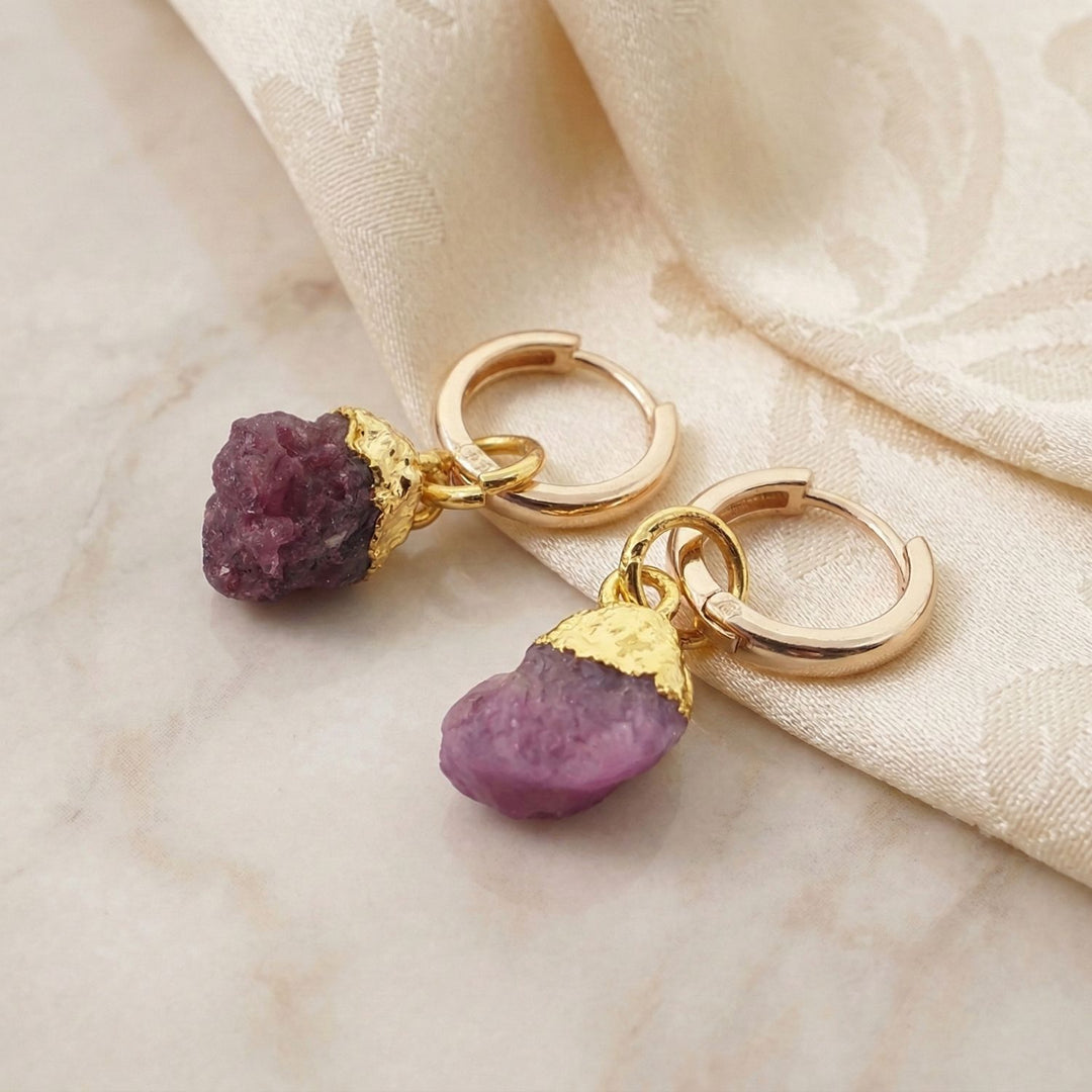 Raw Ruby July Birthstone Gold Plated Huggies