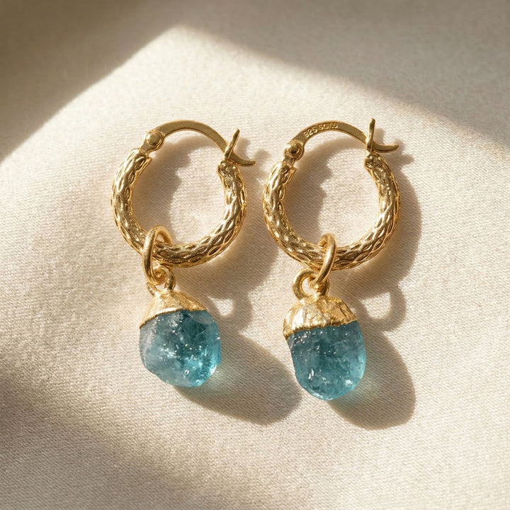 Raw Turquoise December Birthstone Huggie Hoops Gold Vermeil Plated Gemstone Earrings