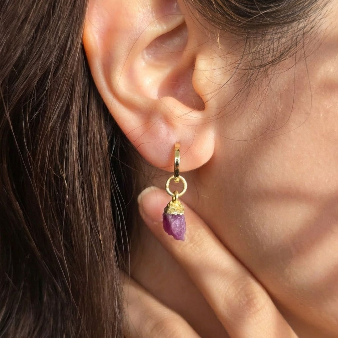 Raw Ruby July Birthstone Gold Plated Huggies
