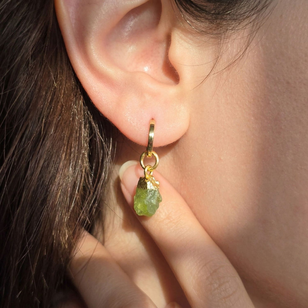 Raw Peridot August Birthstone Gold Plated Huggies