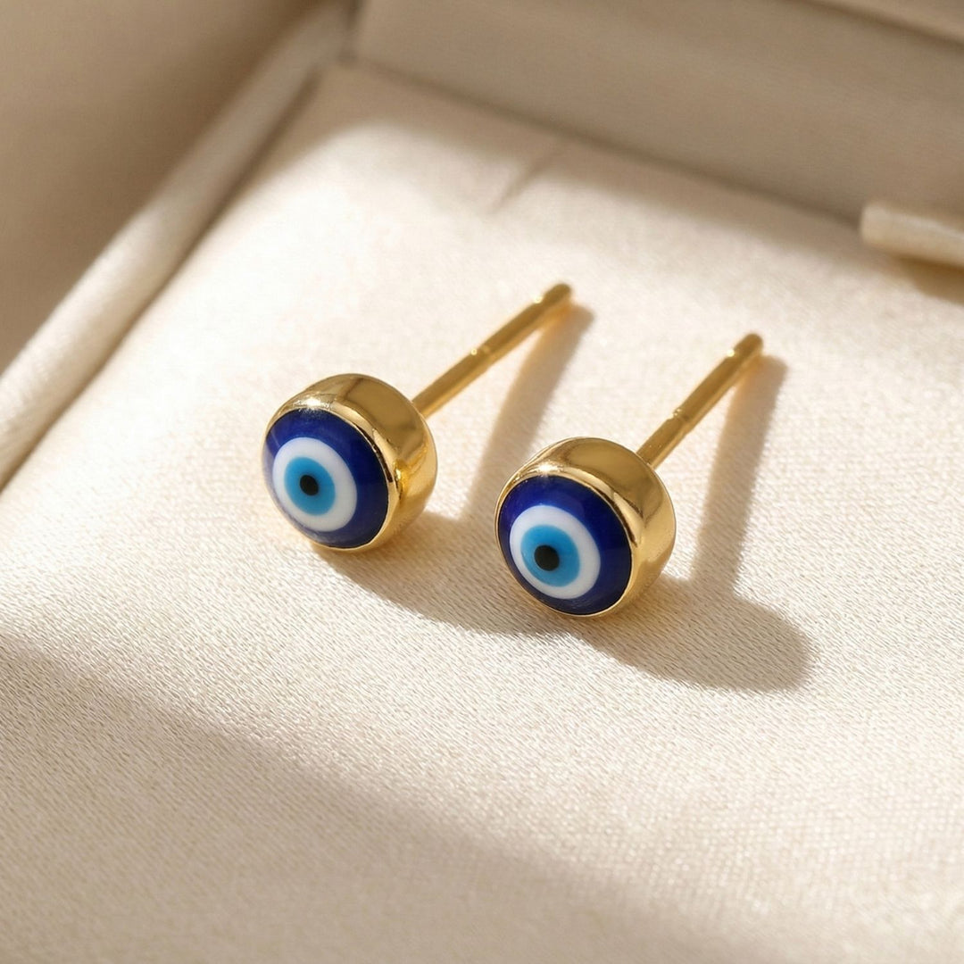 Turkish Evil Eye Nazar Protective Gold Stud Earrings