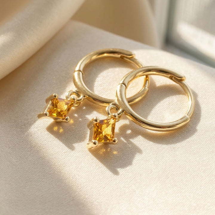 Citrine November Birthstone Delicate Dangle Hoops