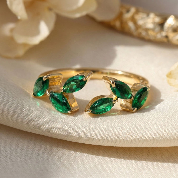Open Leaf Emerald Gemstone May Birthstone Gold Vermeil Ring