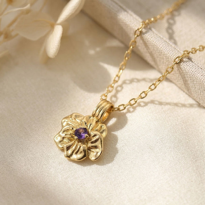 Amethyst February Birthstone Violet Birthflower Gold Plated Charm Necklace