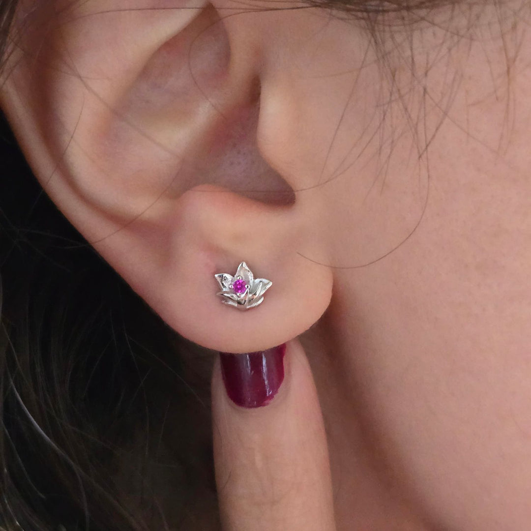 Ruby July Birthstone Larkspur Birthflower Sterling Silver Stud Earrings