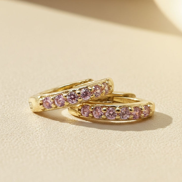 Pink Tourmaline October Birthstone Huggie Gold Plated Hoop Earrings