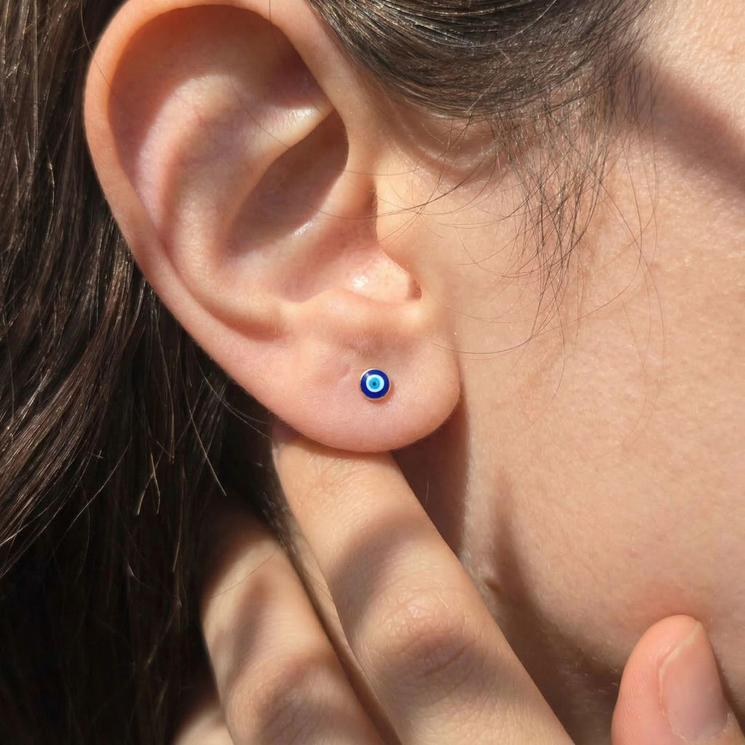 Turkish Evil Eye Nazar Protective Gold Stud Earrings
