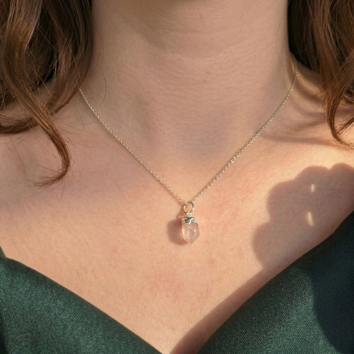 Raw Rose Quartz October Birthstone Sterling Silver Necklace