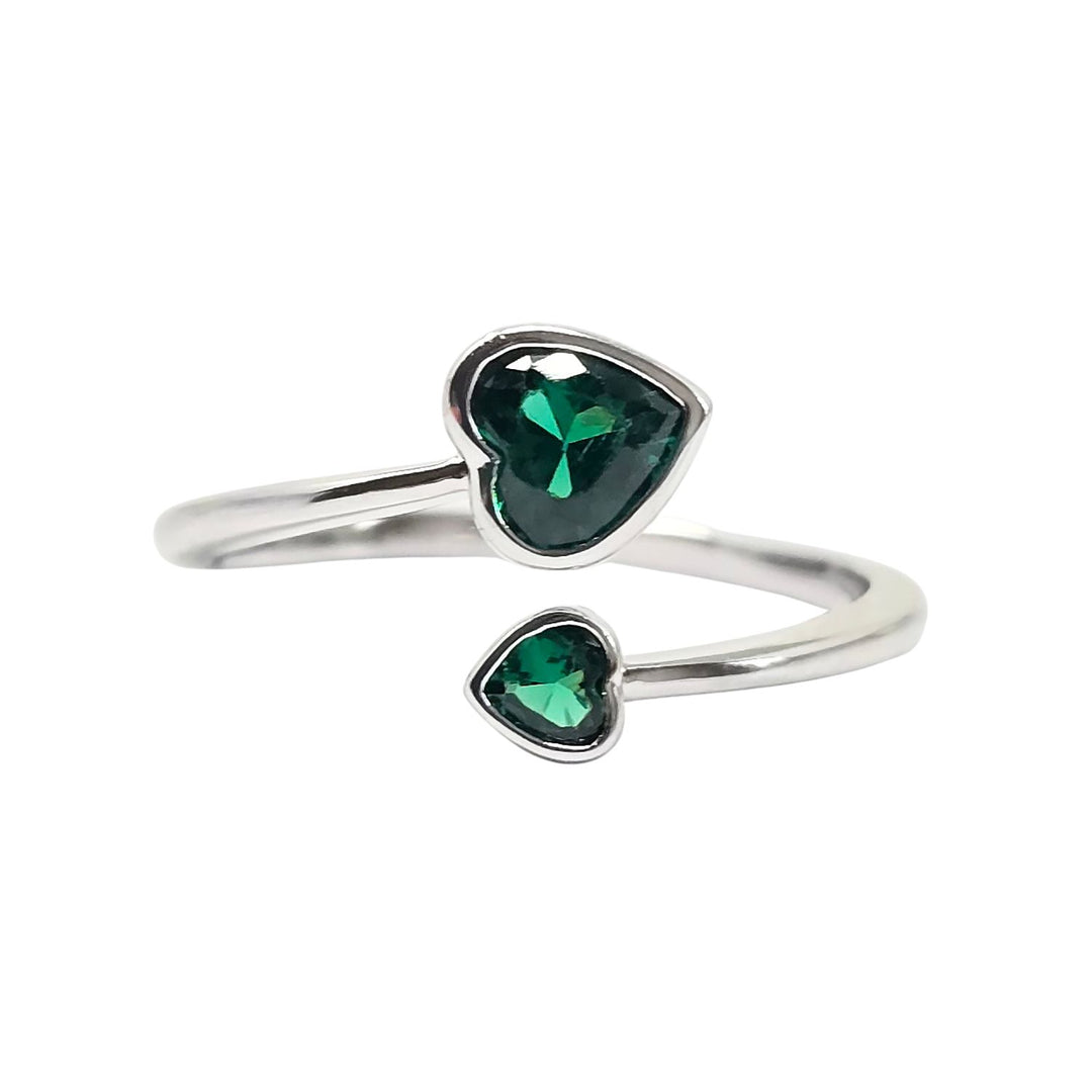 Duo Emerald Heart May Birthstone Adjustable Silver Ring