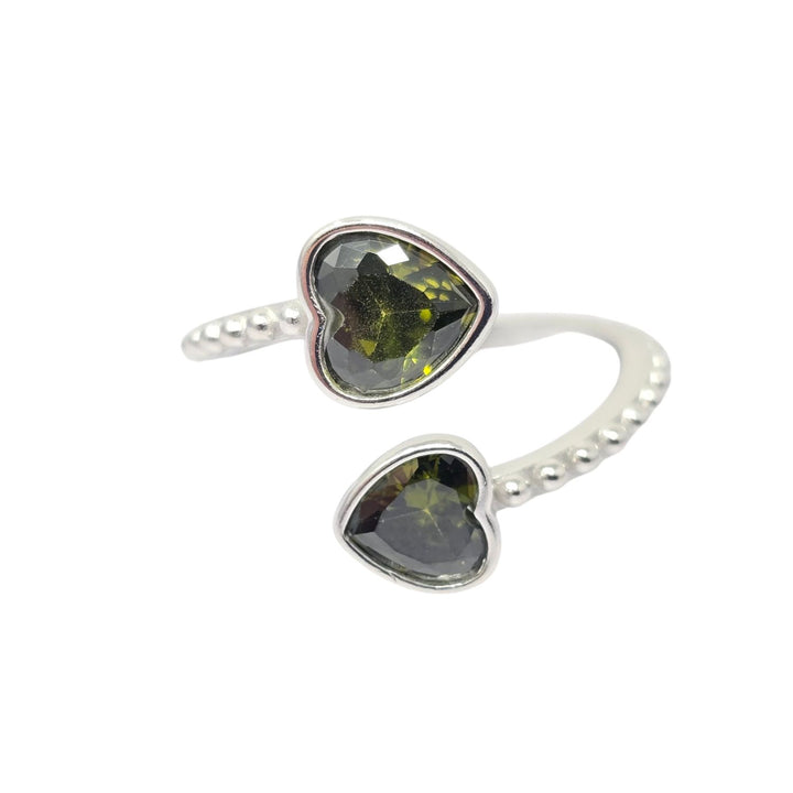 Double Heart Peridot Heart May Birthstone Adjustable Silver Ring