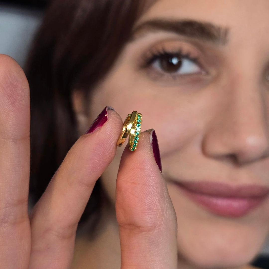 Emerald May Birthstone Double Hoop Small Huggie Gold Plated Earrings