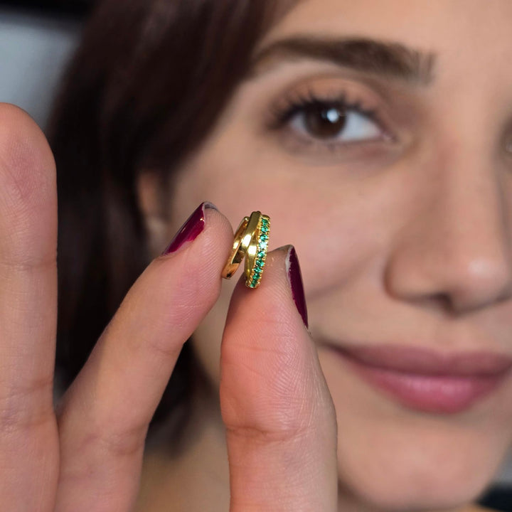 Emerald May Birthstone Double Hoop Small Huggie Gold Plated Earrings