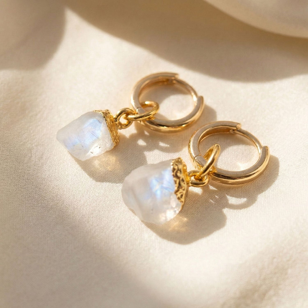 Raw Moonstone June Birthstone Gold Plated Huggies