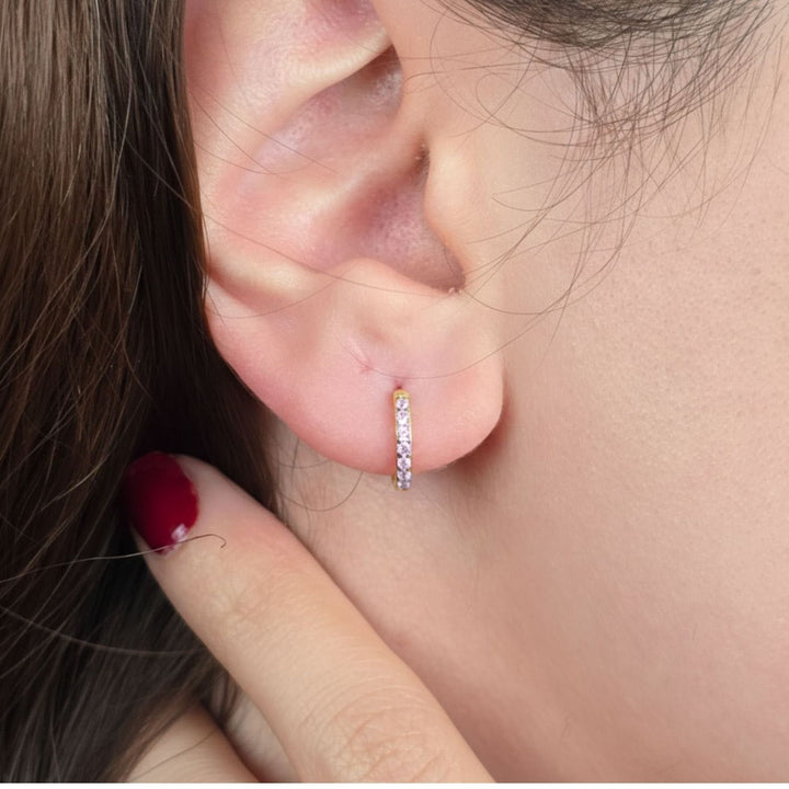 Pink Tourmaline October Birthstone Huggie Gold Plated Hoop Earrings