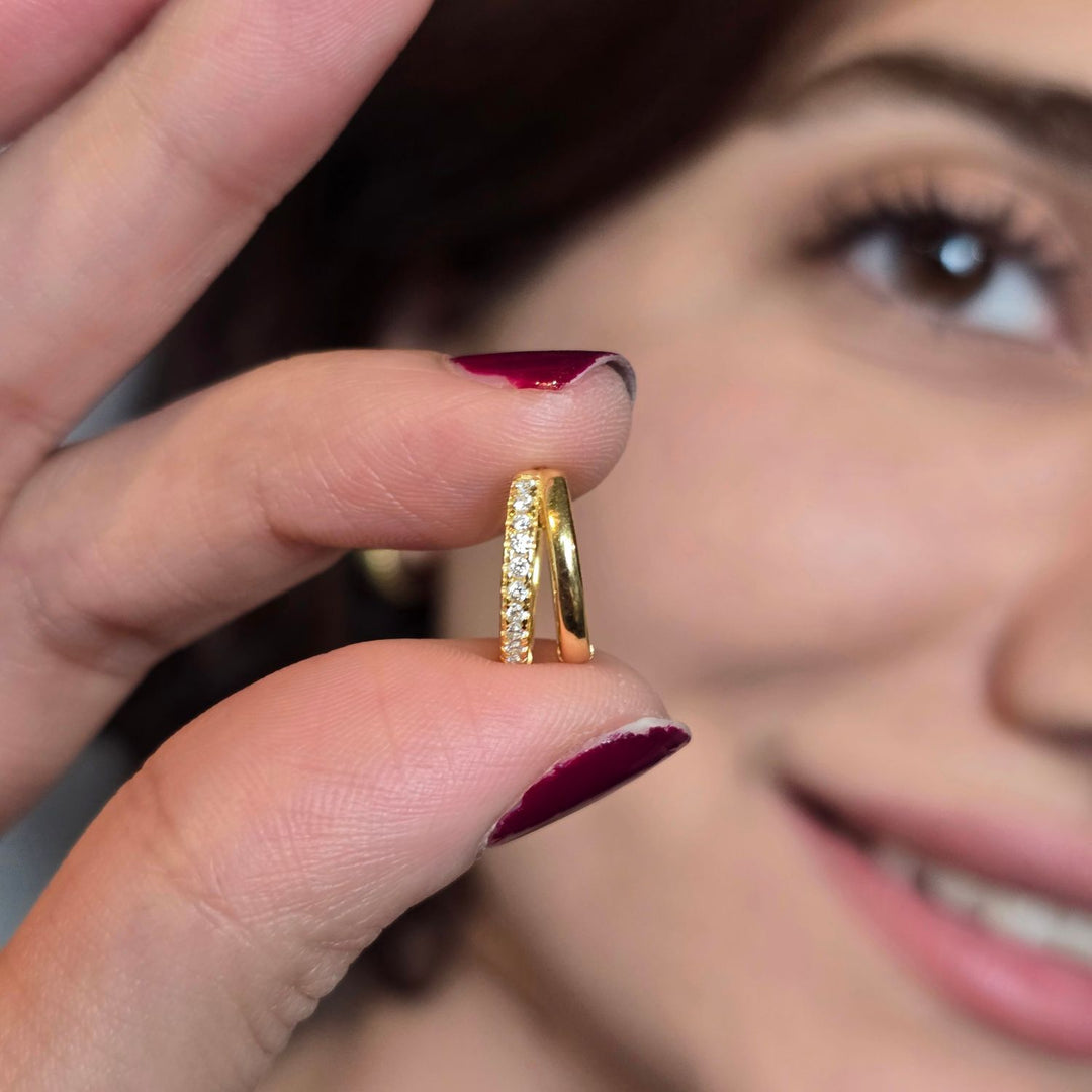 Diamond April Birthstone Double Hoop Small Huggie Gold Plated Earrings