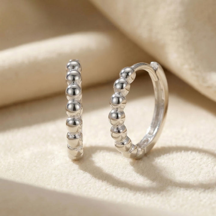 Dainty Beaded Huggie Hoop Sterling Silver Earrings