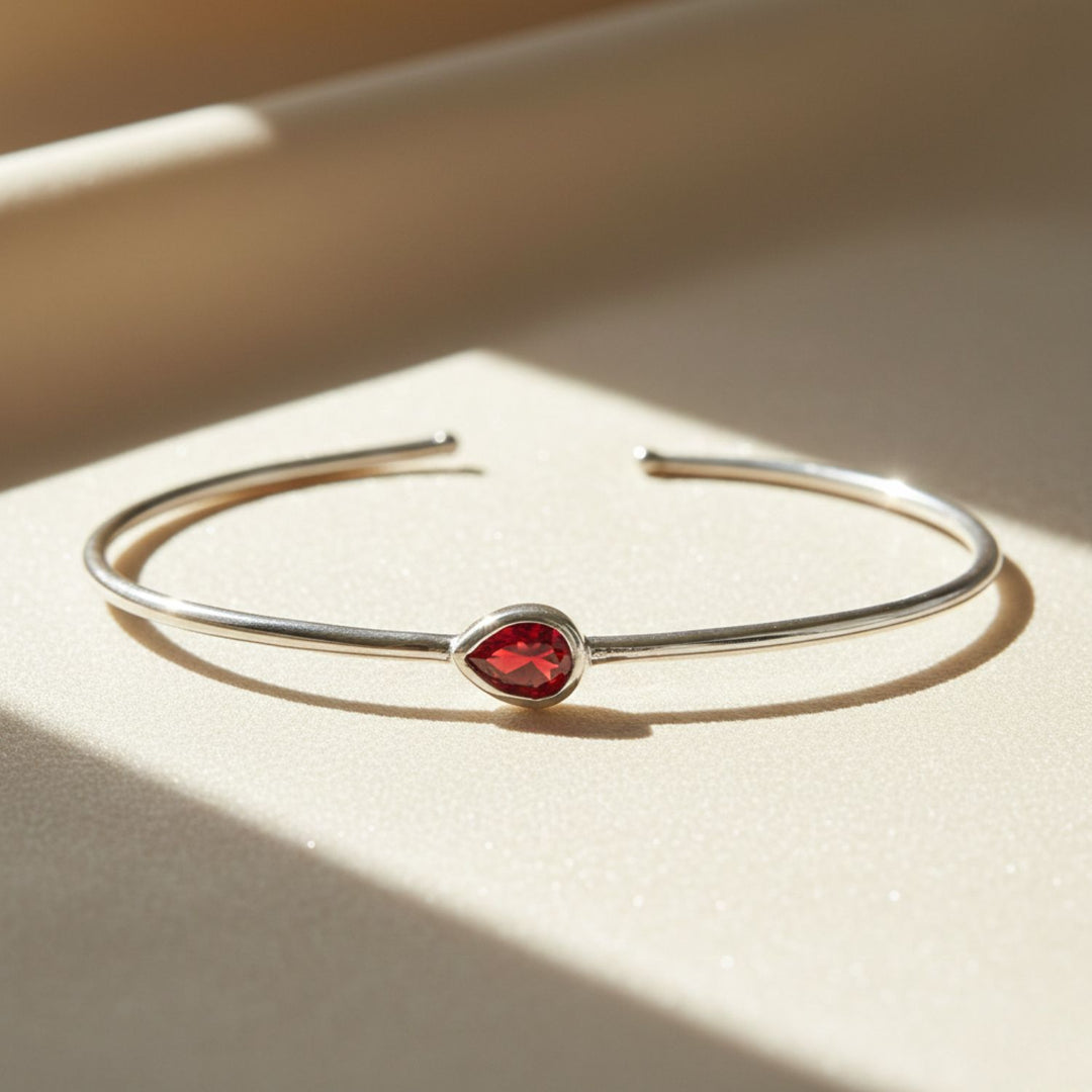 Minimalist Sterling Silver Garnet January Birthstone Bangle Bracelet