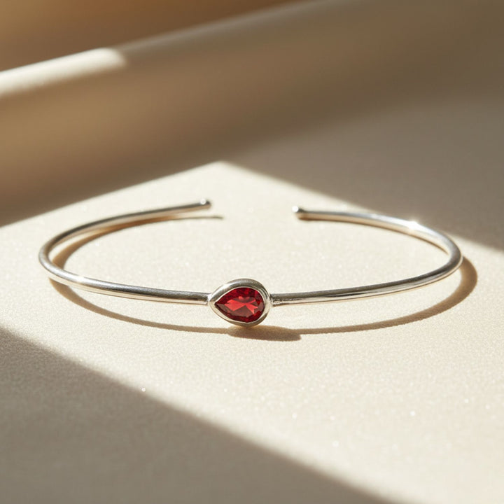 Minimalist Sterling Silver Garnet January Birthstone Bangle Bracelet