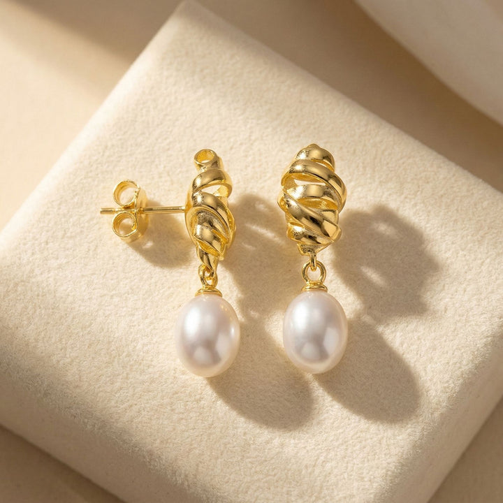 Gold plated minimalist twisted synthetic pearl stud earrings