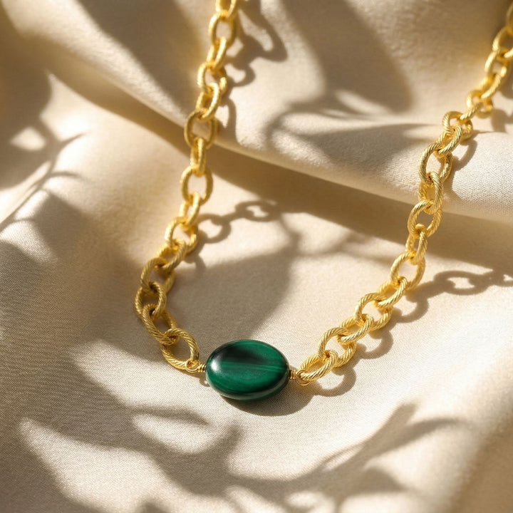Statement Glass Emerald Paperclip Gold Plated Necklace
