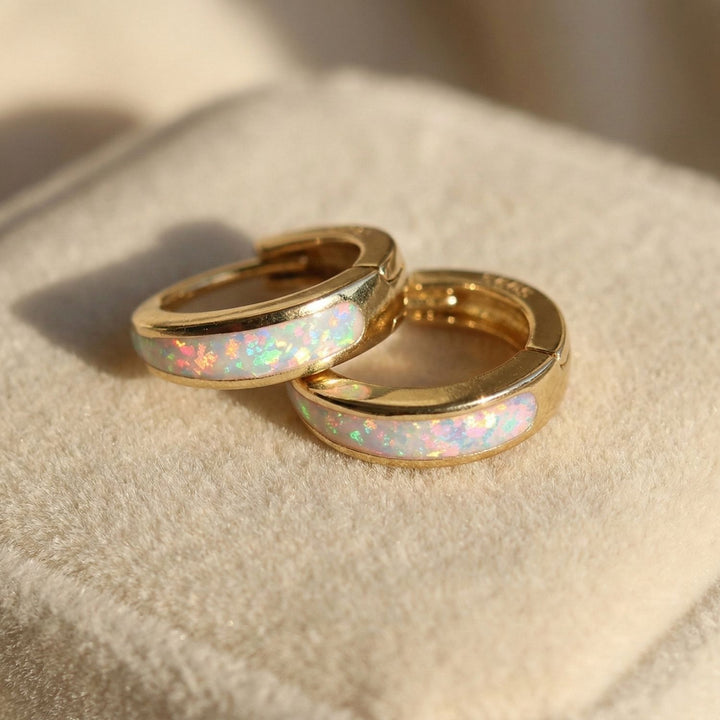 White Opal Tapered Gold Plated Huggie Hoop Earrings