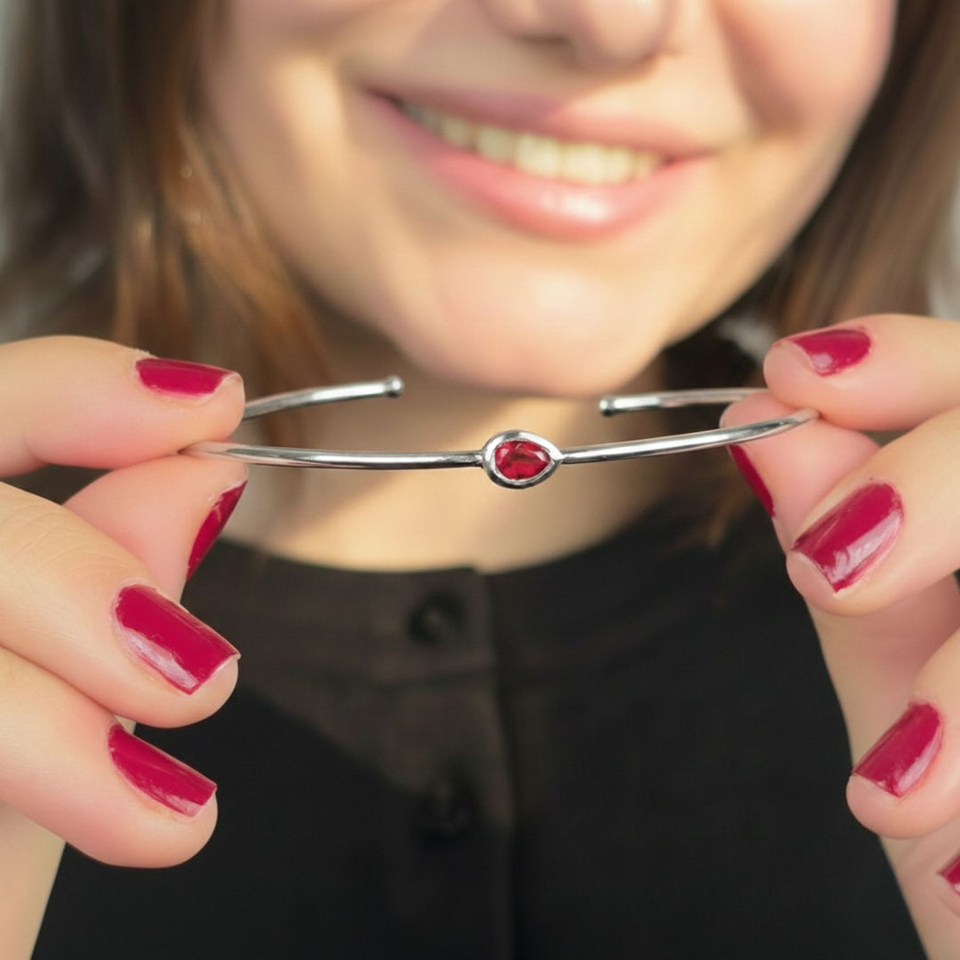 Minimalist Sterling Silver Garnet January Birthstone Bangle Bracelet