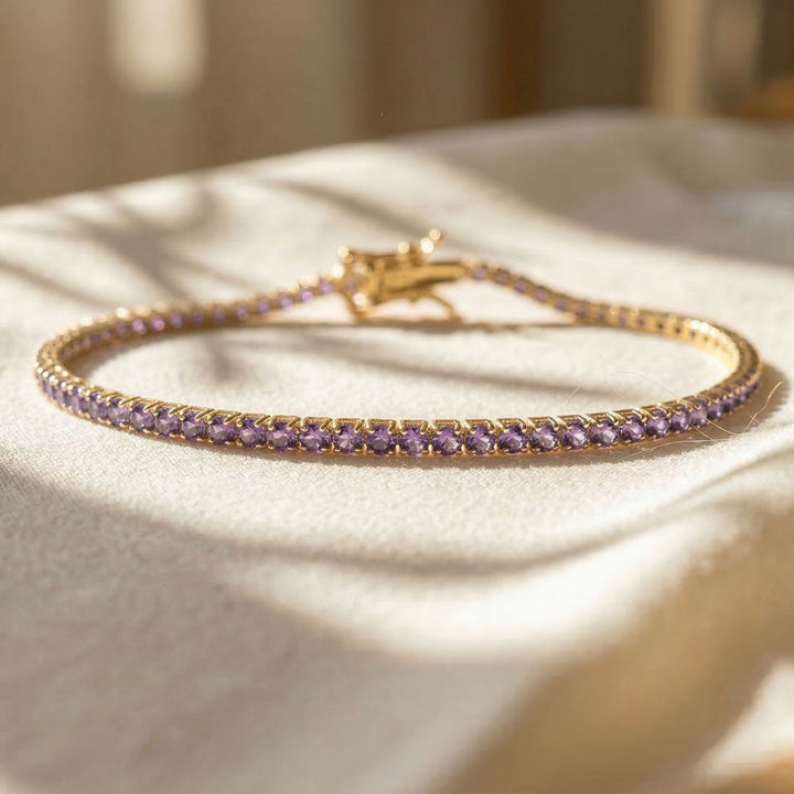 Gold Plated Amethyst February Birthstone Gemstone Tennis Bracelet