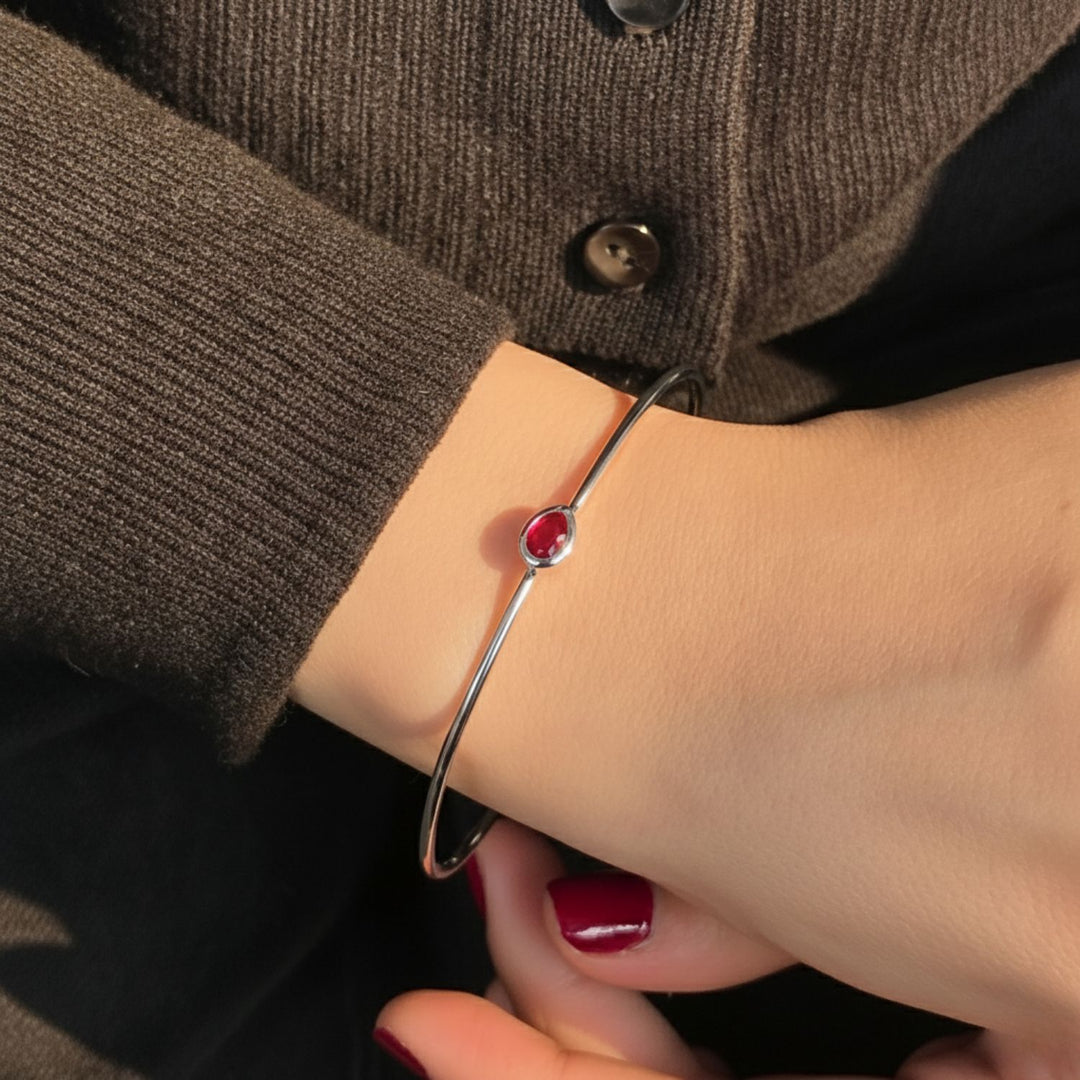Minimalist Sterling Silver Garnet January Birthstone Bangle Bracelet